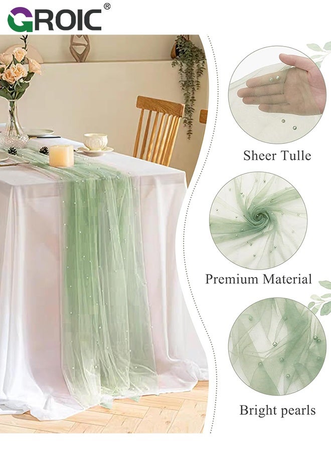 GROIC عداء طاولة لؤلؤي، 75*300 سم، غطاء طاولة شفاف من التول الأخضر، غطاء طاولة حجاب للحلويات، زينة لينة من الدانتيل، زينة طاولة رومانسية، مفارش لحفلات الزفاف، حفلات استقبال المواليد، أعياد الميلاد، المنزل - Image 2